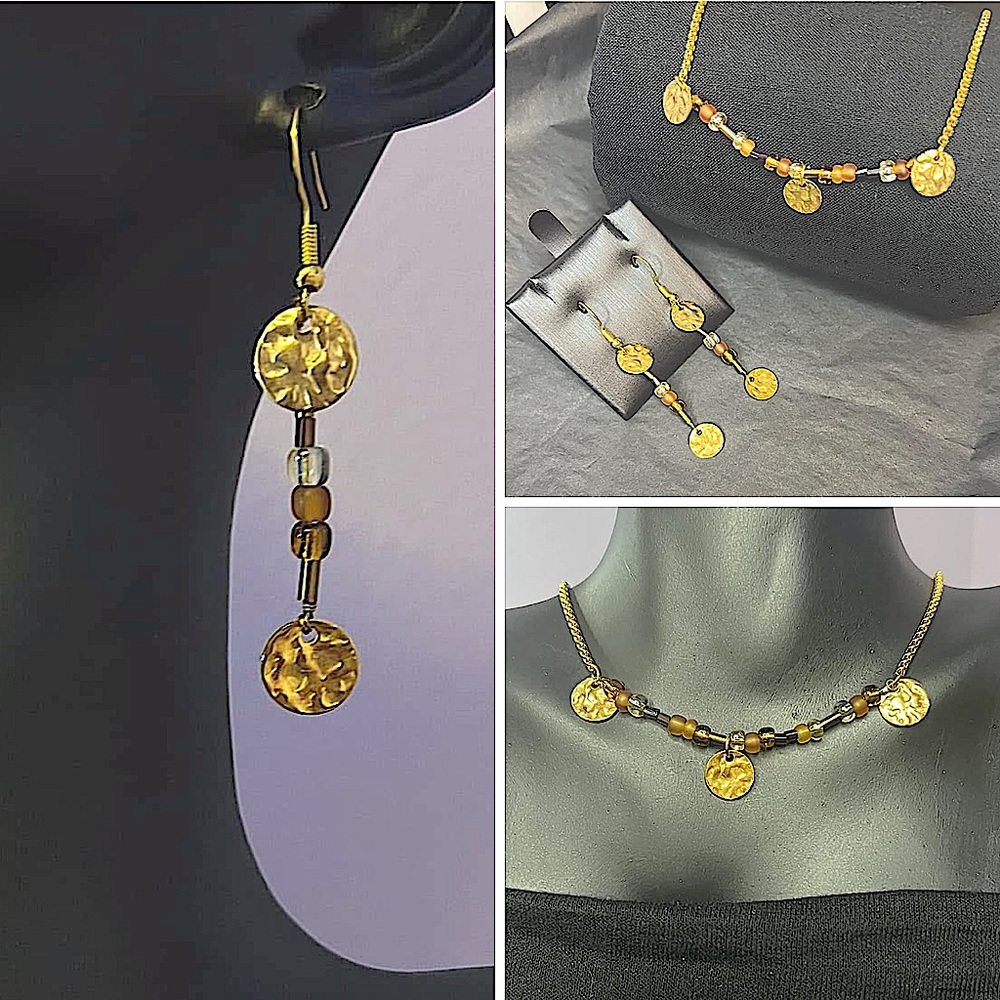 18k Gold Beaded Coin Necklace Pendant & Earrings - Picture 1 of 1